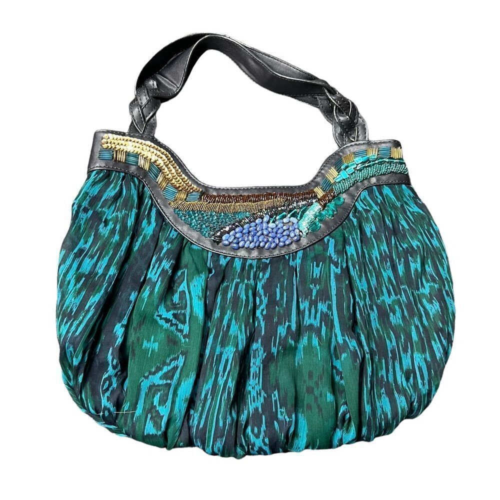 Chico’s Black And Teal Silk Chiffon Beaded Handbag